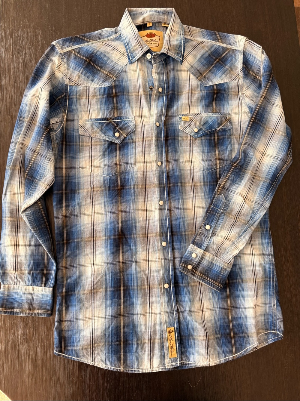 Men’s Navy Blue Plaid Long Sleeve Larry Mahan Button Down Shirt Size Small